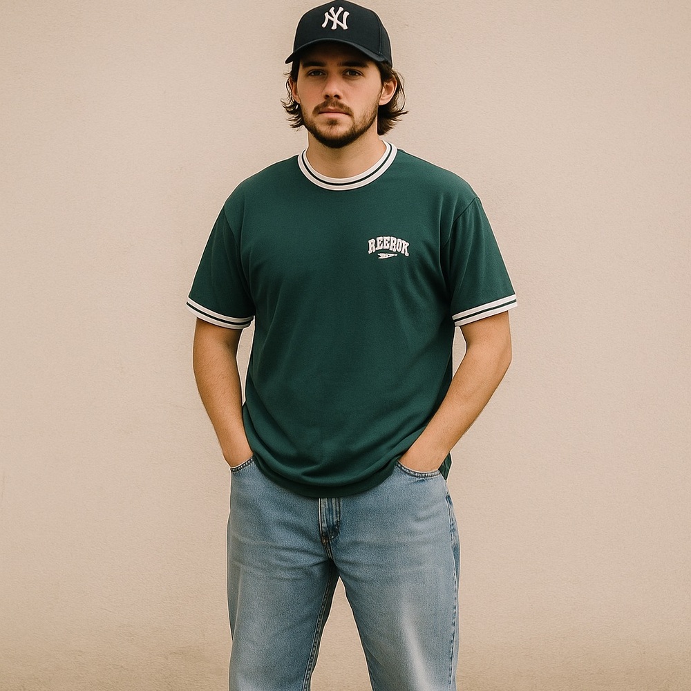 Vintage 90s‎ Reebok Ringer Tee Green & White Logo Shirt XL